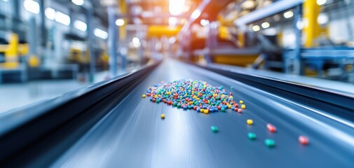 Poster - waste reduction techniques concept. Colorful plastic pellets on a conveyor belt in a modern factory setting, showcasing industrial production processes and materials handling.