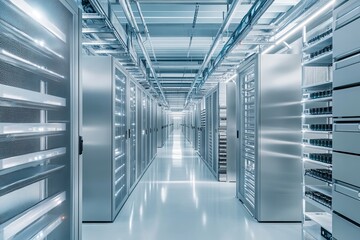 Poster - Brightly lit server room with silver cabinets, modern design, and blue filter enhancing depth.