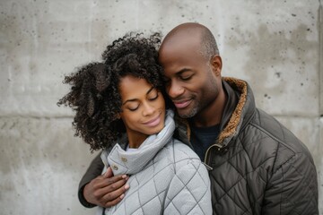 Canvas Print - Portrait of a tender multicultural couple in their 40s sporting a quilted insulated jacket in front of bare concrete or plaster wall