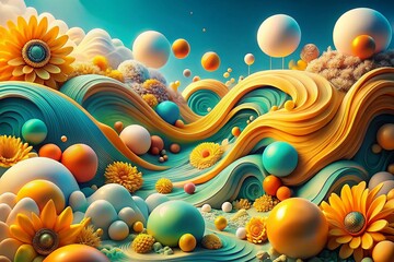 Poster - Vibrant Summer Themed 3D Abstract Background with Bold Colors and Fluid Shapes Evoking a Sense of Joy and Warmth for Creative Projects and Digital Art Displays