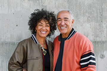 Wall Mural - Portrait of a grinning mixed race couple in their 70s sporting a stylish varsity jacket on bare concrete or plaster wall