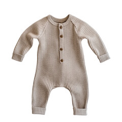 Cozy Ribbed Baby Jumpsuit, Beige Knit, Button Front, Long Sleeve, Unisex Design, Soft and Comfortable Fabric Isolated on white background or PNG