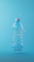 Poster - Water is splashing a transparent plastic bottle floating on a light blue background, creating a refreshing and dynamic visual