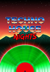 Poster - 80s party poster with orange background and green vinyl lp for house and techno retro rave