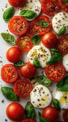 Wall Mural - Fresh tomatoes, basil, and mozzarella arranged beautifully on a light backdrop for a vibrant culinary delight