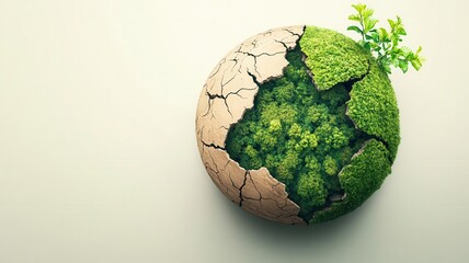 Poster - A cracked globe covered in green moss symbolizes environmental sustainability and the balance between nature and human impact.