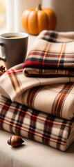 Wall Mural - A warm autumn scene featuring a cozy cashmere blanket with plaid, coffee, maple leaves, and acorns in front of a soft beige background.