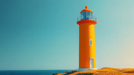 Canvas Print - An orange lighthouse, minimalist style, bright blue sky. Generative AI.