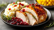 © P2Man - Sliced turkey breast with cranberry sauce, mashed potatoes, and herbs