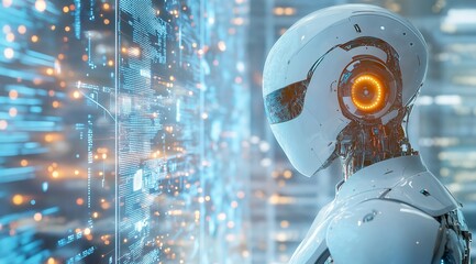 Poster - A humanoid robot stands and looks at the digital data streams. The concept of the development of modern technologies and artificial intelligence
