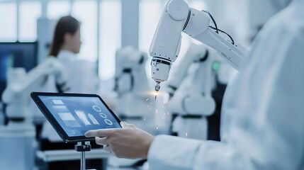 Poster - Futuristic Industrial Robot Arm Operating Touchscreen Tablet Interface