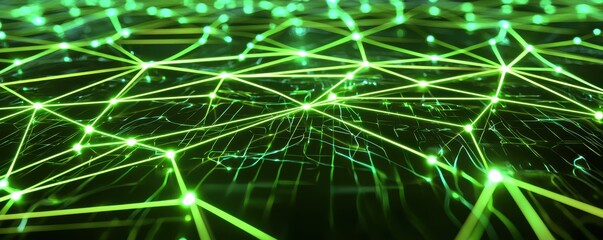 Poster - A vibrant green network of interconnected lines and nodes, symbolizing technology, data, and digital connectivity.