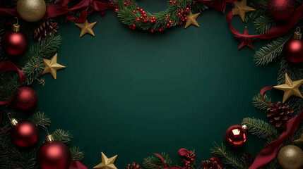 Aufkleber - Elegant Christmas background with a deep emerald green color palette, adorned with festive red and gold decorations, and a classic wreath for a touch of timeless holiday charm.