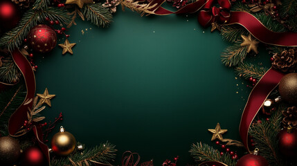 Aufkleber - Elegant Christmas background with a deep emerald green color palette, adorned with festive red and gold decorations, and a classic wreath for a touch of timeless holiday charm.