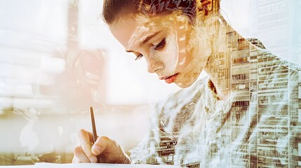 Wall Mural - A pre-teen girl, lost in thought, sketching a portrait. A double exposure of her face merging with the portrait on the paper. Double Exposure.[Pre-teen]:[Art] 