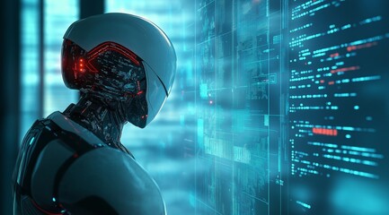 Poster - A humanoid robot stands and looks at the digital data streams. The concept of the development of modern technologies and artificial intelligence
