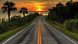 © PuriStudio - winding road leads to stunning sunset over tranquil lake, framed by lush greenery and palm trees, creating serene and picturesque scene