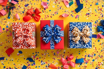 Vibrant gift boxes with colorful wrapping paper, ribbons, and confetti on a bright yellow background, celebrating a festive occasion