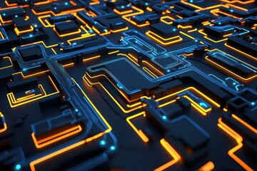 Poster - A vibrant, illuminated circuit board design featuring intricate pathways in blue and orange tones, representing a futuristic technological landscape.