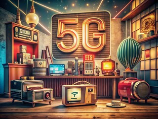 Poster - Vintage Style Photography of a Trendy 5G Network Design Featuring Retro Elements and Futuristic Aesthetics, Capturing the Essence of Modern Connectivity with Nostalgic Flair