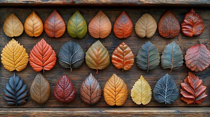 A showcase of nature-inspired art toys with leaf motifs and earthy colors, set on a rustic wooden table