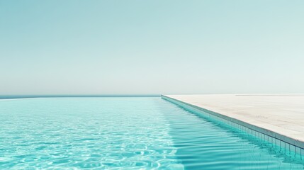 Poster - Tranquil turquoise water of infinity pool seamlessly blending with vast ocean horizon under a serene, clear sky, creating a luxurious and relaxing summer atmosphere