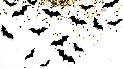 Aufkleber - A top view photograph of bats silhouettes against spiders and confetti on a plain white surface leaving ample empty space.