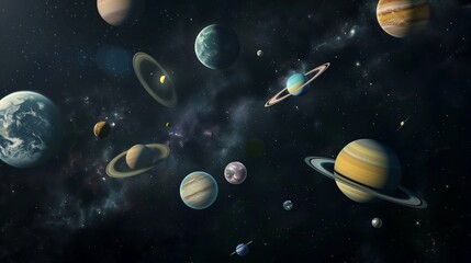 Poster - various planets with rings in dark outer space image. fantasy planetary system exploration photograp