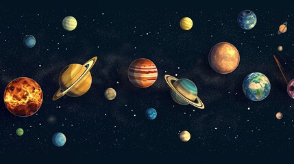 Poster - Colorful planets in dark starry sky background image. Abstract scene with celestial bodies flat colorful illustration backdrop horizontal. Astrophysics objects wallpaper art concept