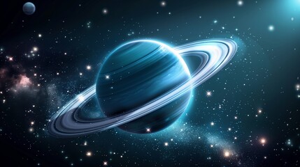 Poster - gas planet with glowing rings in starry space image. saturn like celestial body against sparks photo