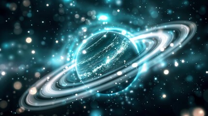 Poster - glowing gas giant in bokeh lights image. fantastic landscape of celestial body in dark space photogr