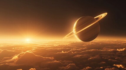 Poster - ring planet silhouette over cloudy atmosphere image. bright sunrise and surreal satellite in space p