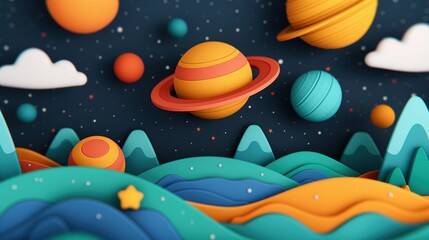 Poster - Fantasy landscape with planets over valley 3d rendering image. Children artwork with nature and cosmos background wallpaper colorful realistic. School art lesson concept idea