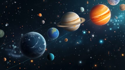 Poster - Planetary system with floating globes 3d rendering image. Abstract space composition with planets background wallpaper colorful realistic. Learning astronomy at school concept idea