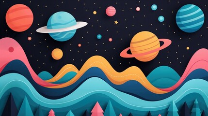 Poster - Night sky with planets and aurora borealis background image. Fantasy nature scene illustration backdrop horizontal. Space beauty childish composition wallpaper art concept