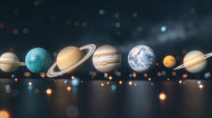 Poster - Different planets collection 3d rendering image. Outer space bodies exploration in educative materials background wallpaper colorful realistic. Celestial spheres arrangement concept idea