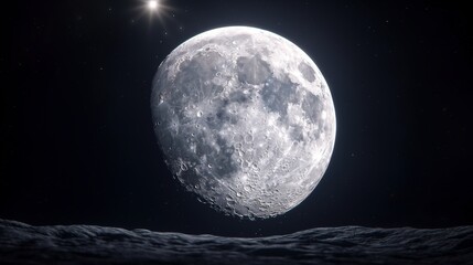 Wall Mural - moon over rocky ground against black space image. earth satellite in dark cosmic void photography sc