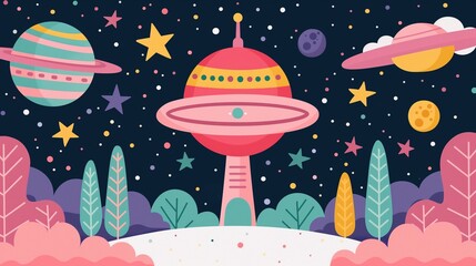 Poster - Ufo with light beam in night sky over wild forest background image. Alien spaceship visiting earth flat colorful illustration backdrop horizontal. Children cosmos wallpaper art concept