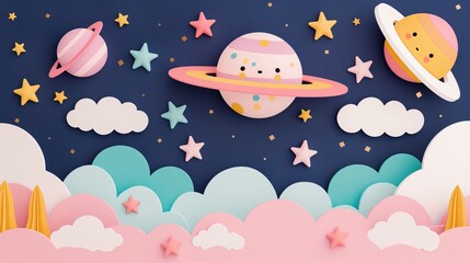 Poster - Cute children artwork with planets and clouds 3d rendering image. Funny space landscape background wallpaper colorful realistic. Learning space in primary school concept idea