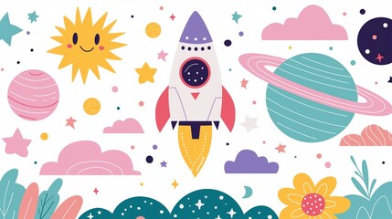 Aufkleber - spaceship, stars and sun in sky background image. travelling to outer space childish pattern flat co