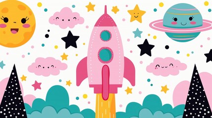 Poster - Spaceship launching in sky background image. Children cosmic composition with funny faces flat colorful illustration backdrop horizontal. Learning space with kids wallpaper art concept