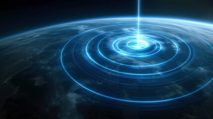 Aufkleber - Laser beam and concentric rings in planet atmosphere image. Abstract cosmic composition photography scene wallpaper. Futuristic space research concept photorealistic photo