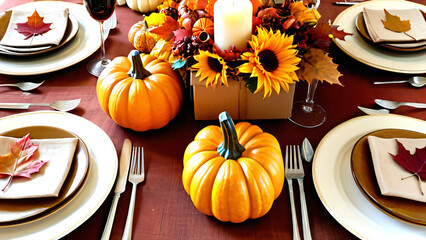 Wall Mural - A Thanksgiving table is set with a gift box, decorative pumpkins, and autumn leaves to create a warm and inviting seasonal atmosphere.