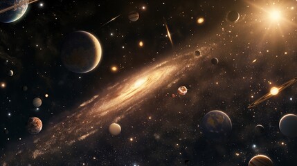 Aufkleber - Bright galaxy and various planets image. Celestial bodies floating in dark expanse photography scene wallpaper. Beautiful cosmic scenery contemplation concept photorealistic photo