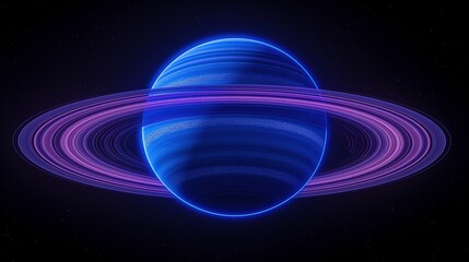Poster - Neon lit gas giant with rotating fast rings 3d rendering image. Bright planet surrounded by cosmic material background wallpaper colorful realistic. Space body concept idea