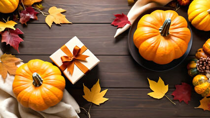 Wall Mural - A Thanksgiving table is set with a gift box, decorative pumpkins, and autumn leaves to create a warm and inviting seasonal atmosphere.