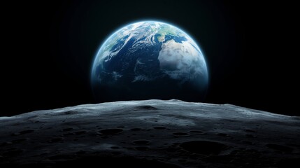 Wall Mural - earth planet view from moon in dark cosmos image. observing cosmic globe from satellite surface phot