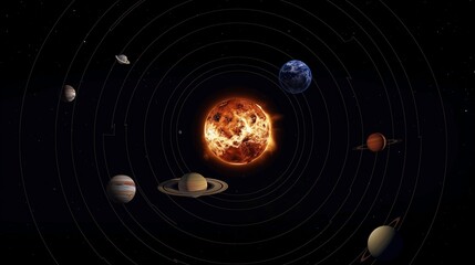 Aufkleber - Schematic solar system in dark void 3d rendering image. Bright sun and planets rotating around background wallpaper colorful realistic. Cosmic landscape exploration concept idea