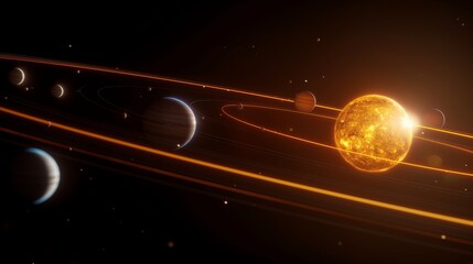 Aufkleber - Planets moving along orbits around sun 3d rendering image. Spellbound cosmic formation in darkness background wallpaper colorful realistic. Researching celestial bodies concept idea