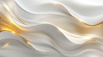 Poster - Flowing white and gold abstract waves 3d rendering image. Sophisticated composition fluid shimmering background wallpaper colorful realistic. Luxurious decorative theme concept idea